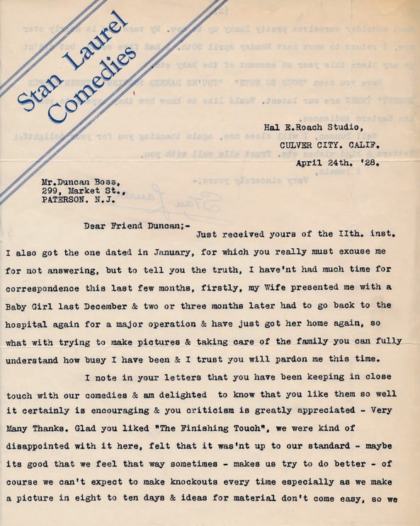 1928 Stan Laurel Signed Typed 2 sided letter with COA (1 of 6)