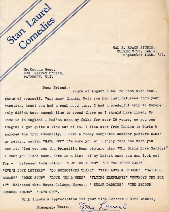 1927 Stan Laurel Signed Typed Letter with COA (1 of 4)