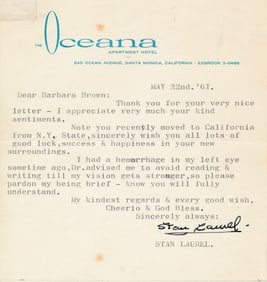 1961 Signed Stan Laurel Typed Letter with COA