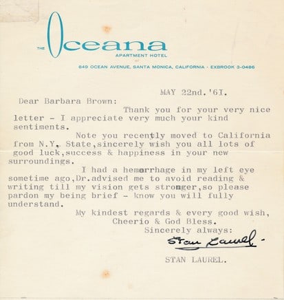 1961 Signed Stan Laurel Typed Letter with COA (1 of 2)