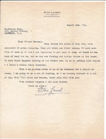 1929 Signed Stand Laurel Typed Letter with COA