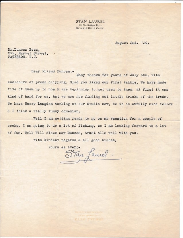 1929 Signed Stand Laurel Typed Letter with COA (1 of 3)