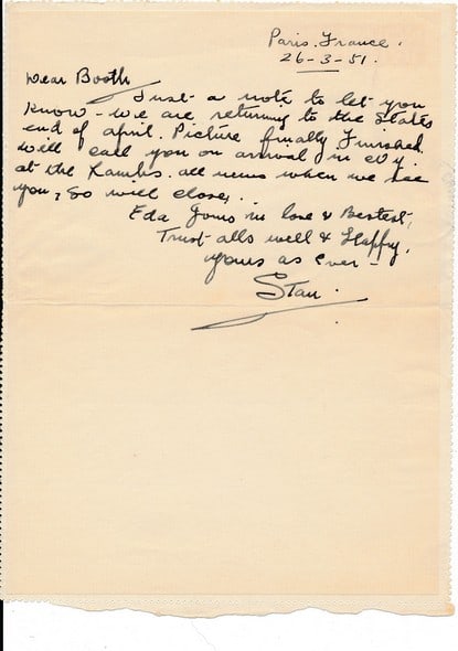1951 Signed Stan Laurel Handwritten Postal Note (1 of 2)