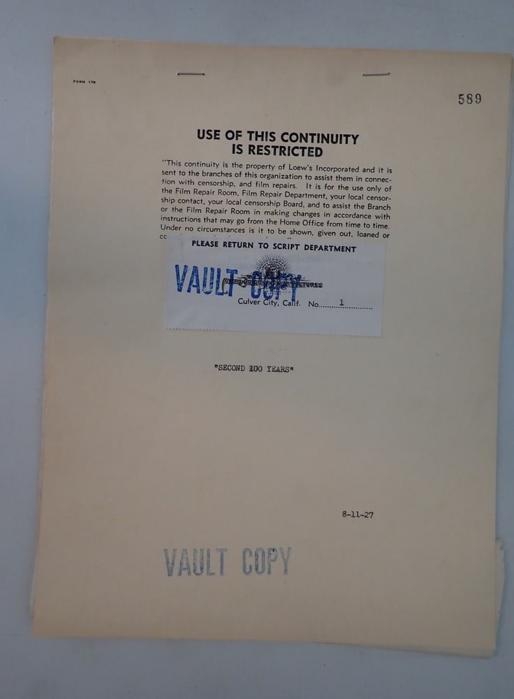 1927 Hal Roach "The Second 100 Years" Script (1 of 9)