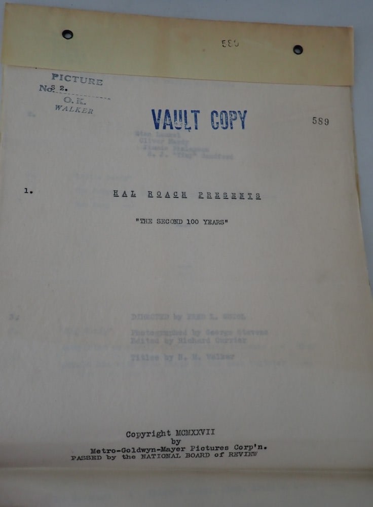 1927 Hal Roach "The Second 100 Years"  Movie Script (1 of 13)