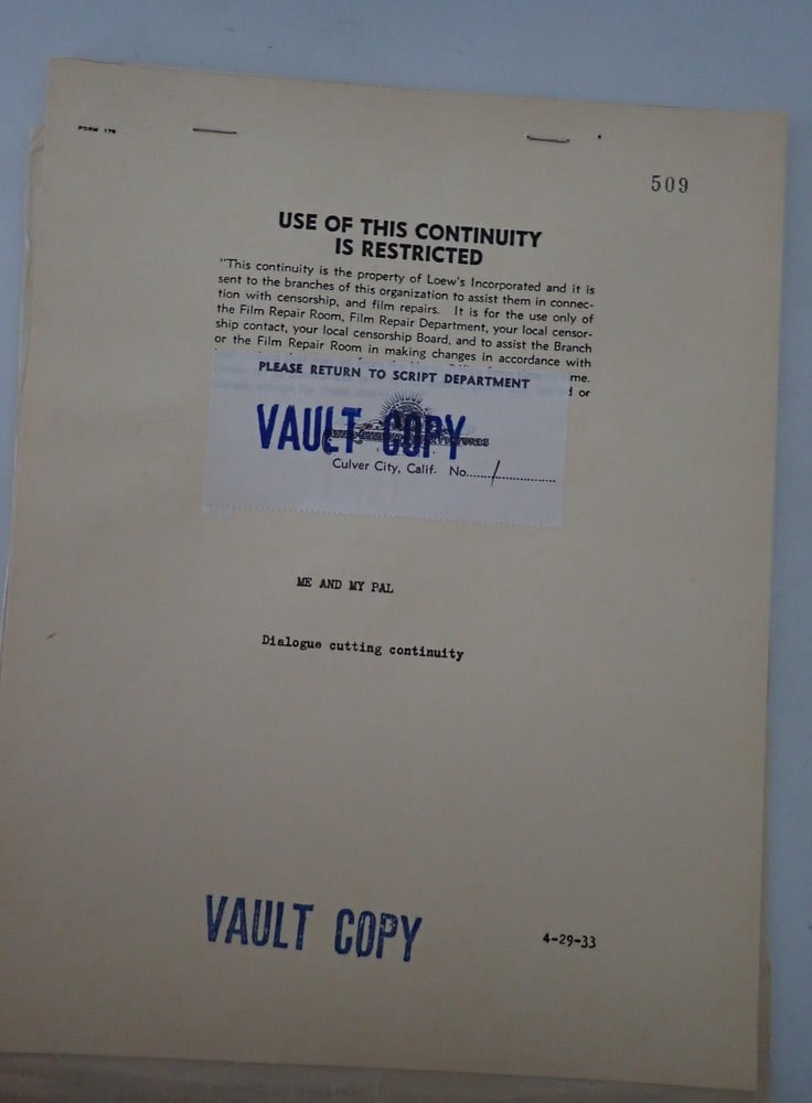 1933 Hal Roach "Me and My Pal"  Cutting Continuity Doc. (1 of 18)