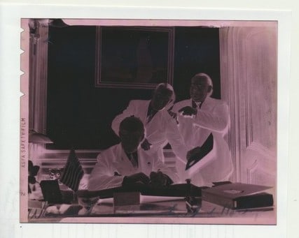 Laurel and Hardy photo negative with Warren Shannon: 4" x 5" in envelope type written is Actors in S.F. ... August 1940. Has handwritten notes about this photo and others.