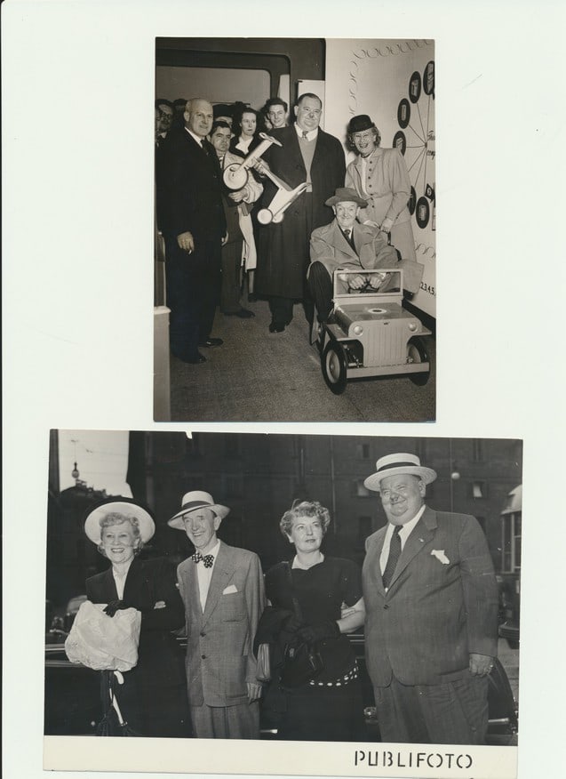 Snapshots & Publicity Photos of Laurel & Hardy, etc.: Sizes from 5 1/8" x 7 1/8" - 2 1/4" x 2 1/4". Photos of Laurel in miniature jeep, Laurel and Hardy getting shoes shined, Photo of Hardy and wife back says "With my wonderful husband on our last trip t