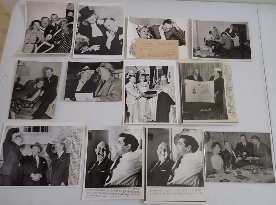 News Photos and Publicity Photos of Laurel and Hardy: To list a few: 7" x 9" photo of Laurel and Hardy with wives, photo with Ada. Has Acme Telephoto stamp on back and typed note in part: "San Diego Calif. 5/7/46 - picture shows Stan Laurel and his bride