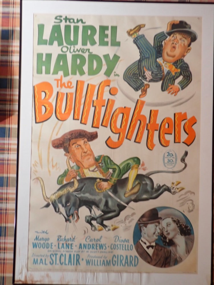 Laurel and Hardy "The Bullfighters" Movie Poster: Frame: 44 1/2" x 30 1/2". Poster 40" x 26". Tooker Litho Company NY 217. "Property of 20th Century Film Corps 1945 copyright 20th Century Fox Film Corps. Matte has some staining - Poster has crease bu