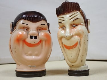 Laurel & Hardy Caricature Painted Glass Candy Jars 40s