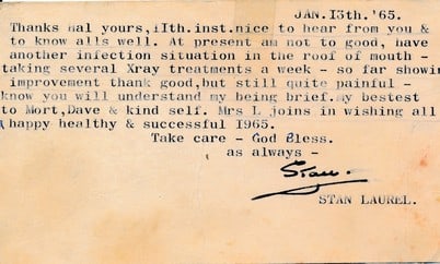 (3) 1964 & 1965 Signed Stan Laurel Typed Postal Cards