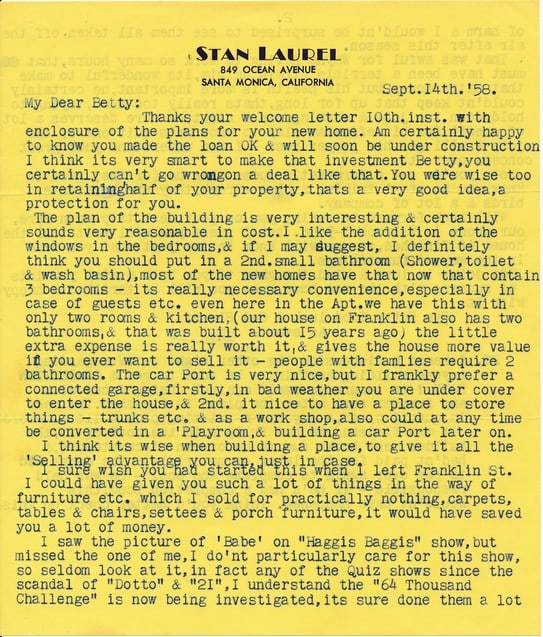 1958 Signed Stan Laurel Typed letter (1 of 3)