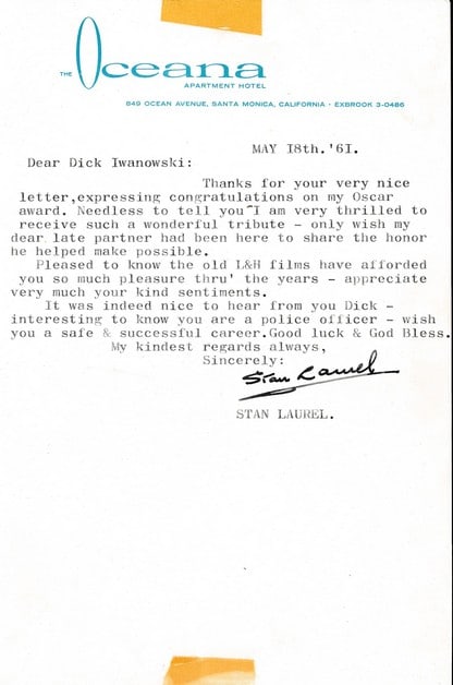 1961 Signed Stan Laurel Typed letter and Envelope (1 of 2)