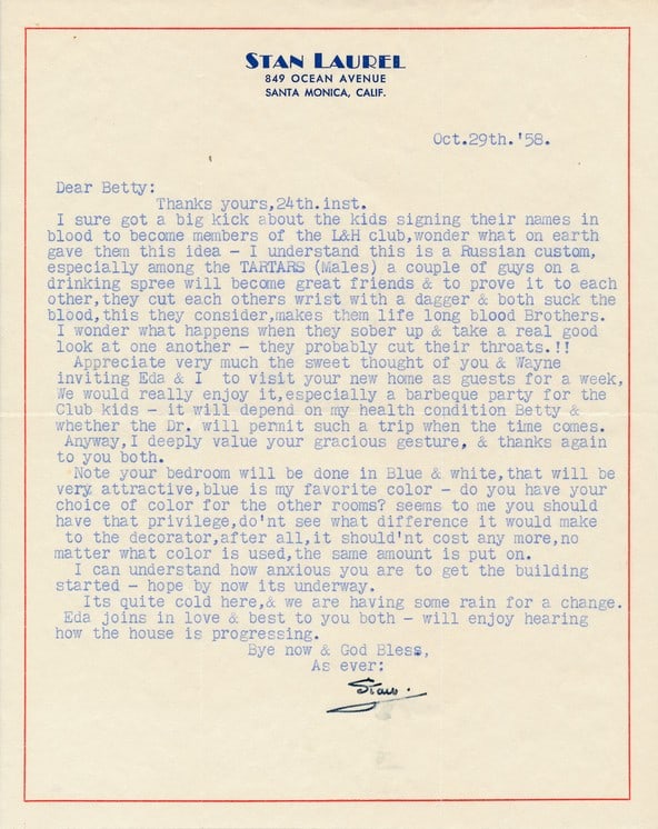 1958 Signed Stan Laurel Typed Letter (1 of 1)