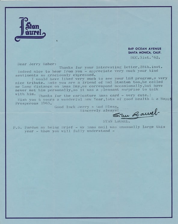 1962 Signed Stan Laurel Typed Letter with Envelope (1 of 2)