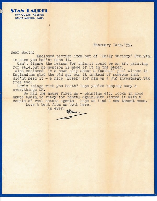 1959 Signed Stan Laurel Typed Letter with Envelope & (1 of 5)