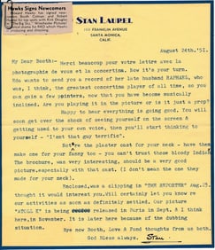 1951 Signed Stan Laurel Typed letter with Envelope &