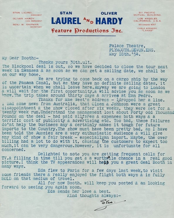 1954 Signed Stan Laurel Typed Letter with Envelope (1 of 3)