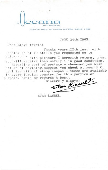 1963 Signed Stan Laurel Typed Letter (1 of 1)