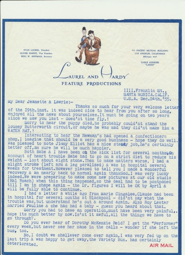 1955 Signed Stan Laurel Typed & Ida Handwritten Letter (1 of 2)