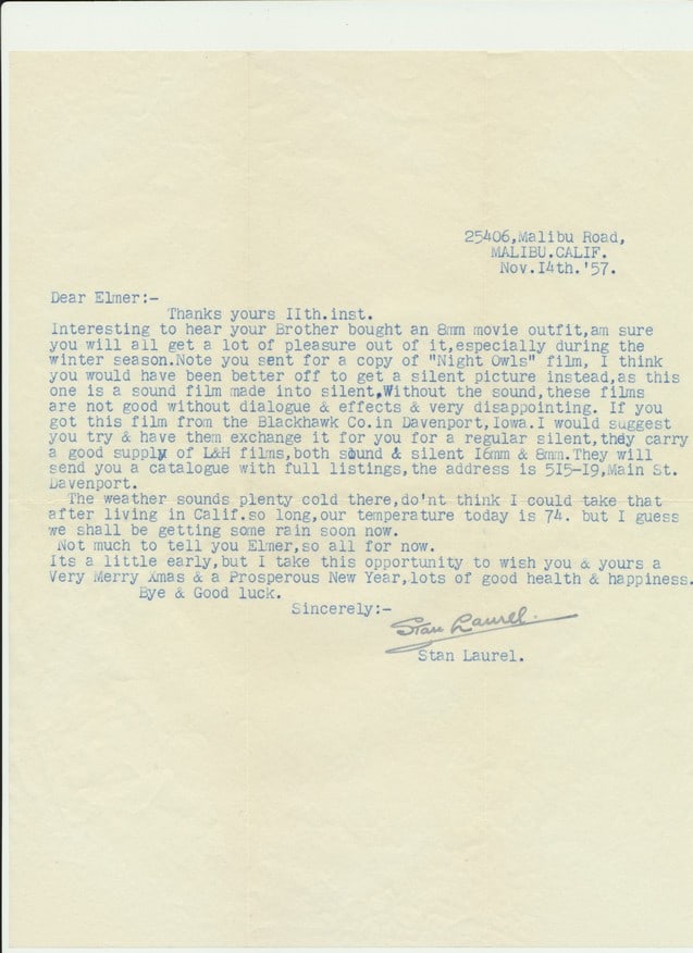 1957 Signed Stan Laurel Typed Letter and Envelope (1 of 4)