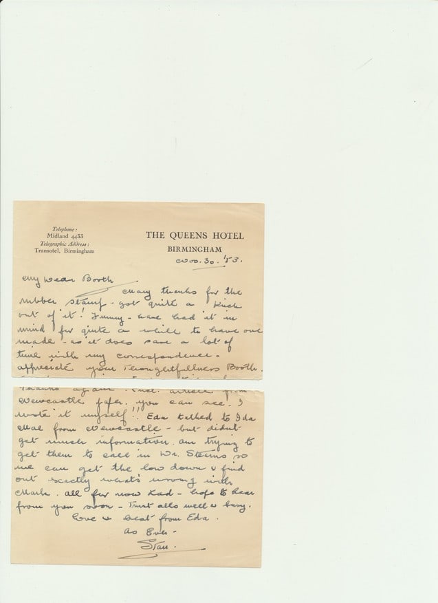 1953 Stan Laurel Signed Handwriten Letter with: Envelope. Letter dated November 30, 1953. Envelope canceled December 1, 1953. Letter on The Queens Hotel Birmingham Stationary. Appr. 4 7/8" x 6 7/8". Letter to Booth Colman Esq. Letter signed "Stan" 