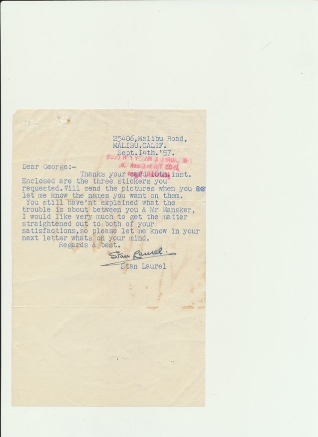 1957 Signed Stan Laurel Typed Letter (1 of 2)