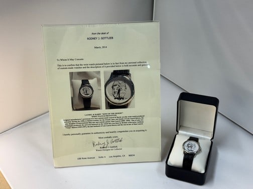 Laurel and Hardy "Sons of the Desert" Prototype Watch: Wristwatch. Produced privately during the 1990's for family, friends, and fans of Lois Laurel Hardy. One of only two prototypes produced by British Writer/Actor Anthony "Tony Hawes" Son-in-law of Stan