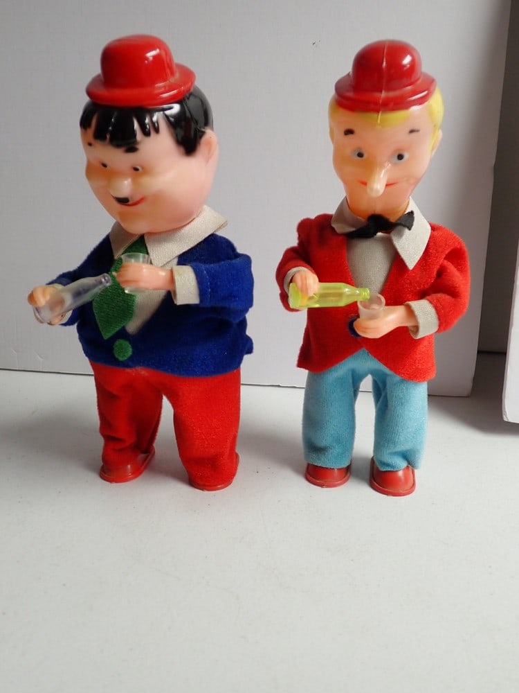 Laurel and Hardy Windup Drinking Bartender Figures: Larry Harmon Pictures Corp. Made in Spain. J. Rodrigquez Zurita 9".