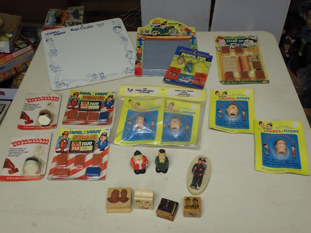 Laurel and Hardy Pencil Sharpeners, Erasers, Stamps etc: Some in packages. Magic Slate, Magic Erasalle Board, Rulers, Bookmark, etc.
