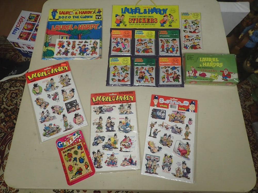 Laurel and Hardy Stickers Store Display & Sticker Sets: 1980 Larry Harmon 3 Dimensional Stickers - 4 Sets of Stickers in a packet. Laurel and Hardy sticker Store Display - May have been resealed appears to be full of stickers. Laurel and Hardy Bozo The Clo