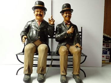 Laurel and Hardy Resin Figures Sitting on Park Bench