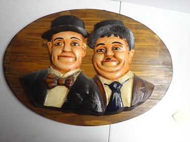 Laurel and Hardy Resing Busts on Wood Oval Back