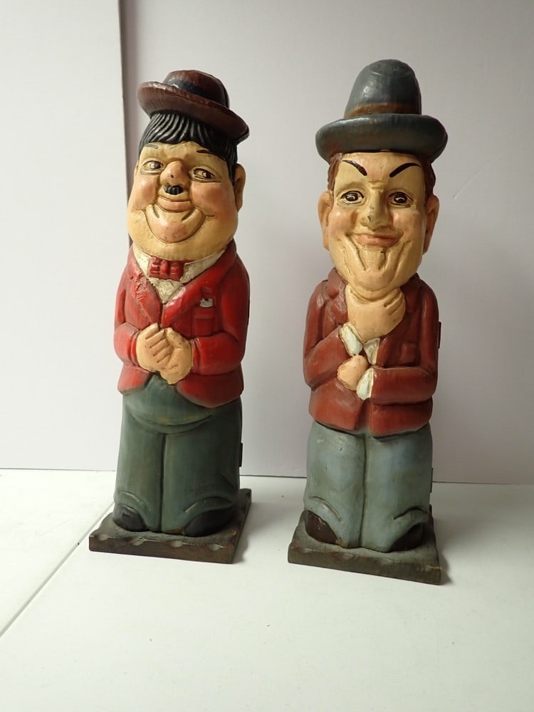 Laurel and Hardy Wooden Wine Bottle Holders: Hinged Holders hat can hold a wine or liquor bottle. 18" Good Condition.
