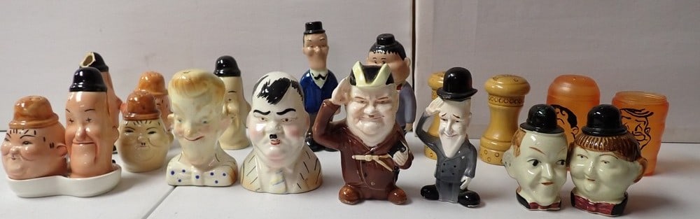 Laurel and Hardy 9 Pairs of Salt and Pepper Shakers: Beswick England Mid Century Salt and Peppers in Tray Made in Japan and Others. 1 Has a repair with others showing wear. Some chips see pictures