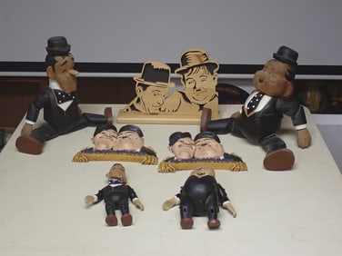 Laurel and Hardy Wooden Jointed Dolls and Busts