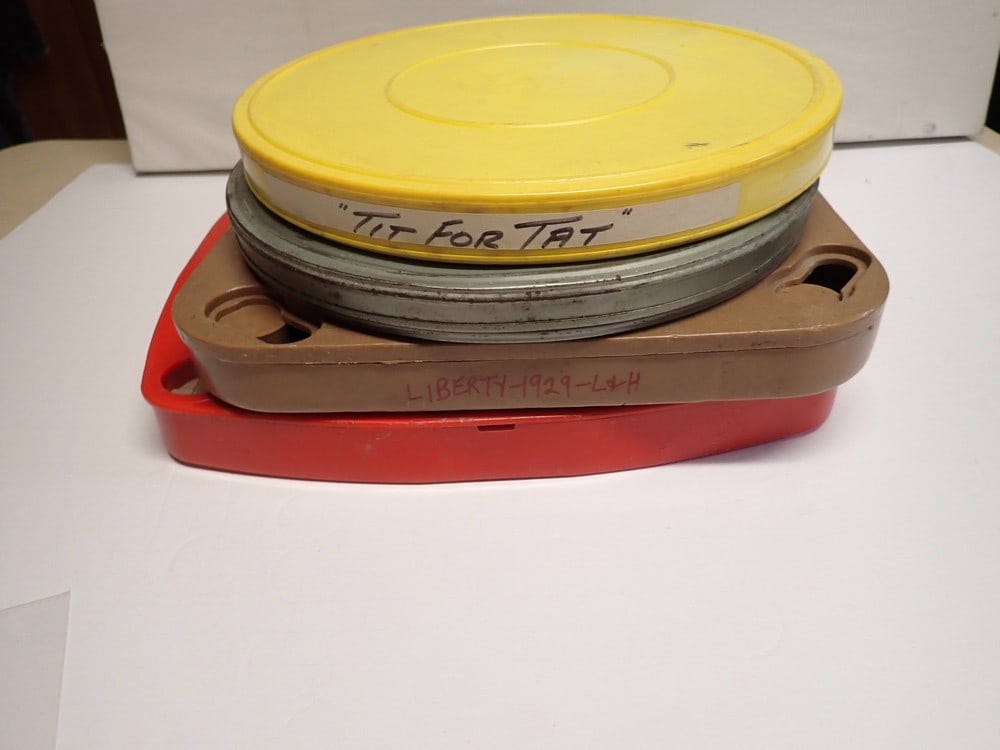 (4) Laurel and Hardy 16mm Film Reels: Cases are marked Twice Two, Liberty, Tit For Tat and You're Dart Tootin. Untested. No noticeable defects noted 10 1/2"