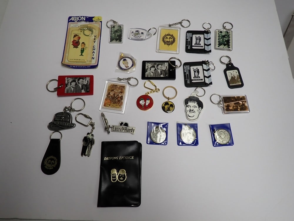 Laurel and Hardy Larry Harmon & Other Key Chains: Larry Harmons Keychain in package. 1986/1987. License Holder and Other Keychains