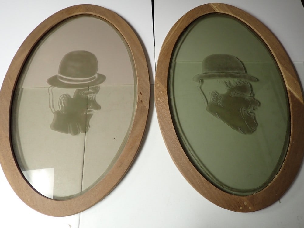Laurel and Hardy Etched Glass Oval Portraits: Wood Frames. 34 1/2 x 23"