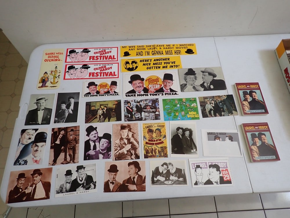 Laurel & Hardy Postcards, Tony's Pizza Adv., Bumper Stickers, Cards, etc.: Great lot of unused items. Vintage and Other unused postcards and 4 Postcard books, Unused Greeting Cards, Unused Bumper Stickers. Tony's Pizza Advertising Cards, bookmark, etc.