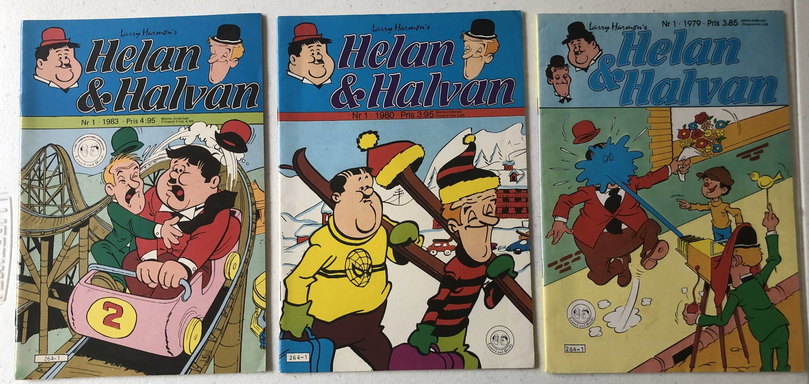 3 Laurel and Hardy Helan & Halvan Finland Finnish Comic Books: Helan & Halvan Comic Books: Larry Harmon's Nr. 1 1979, Nr. 1 1980 and Nr.1 1983. See pictures for condition.