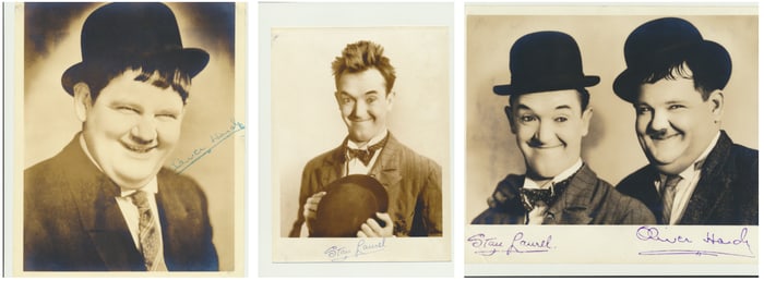 3 Laurel and Hardy (2) Stax Photos with Rubber Stamped Signatures