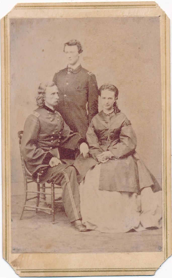 General Custer, brother, and wife - Brady CDV: General George Custer, with brother Tom, and wife Libby - Brady CDV. E & BT Anthony from Brady's Photographic Negative. Carte de visite.