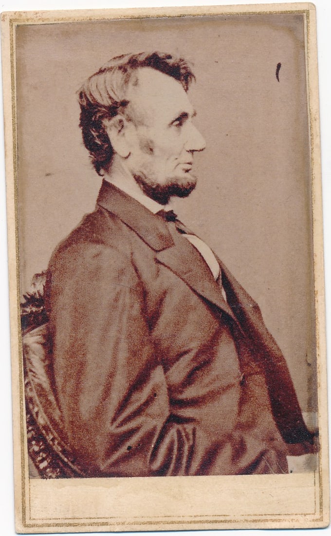 Side view President Abraham Lincoln CDV: Brady's National Photographic Portrait Galleries. Carte de visite.