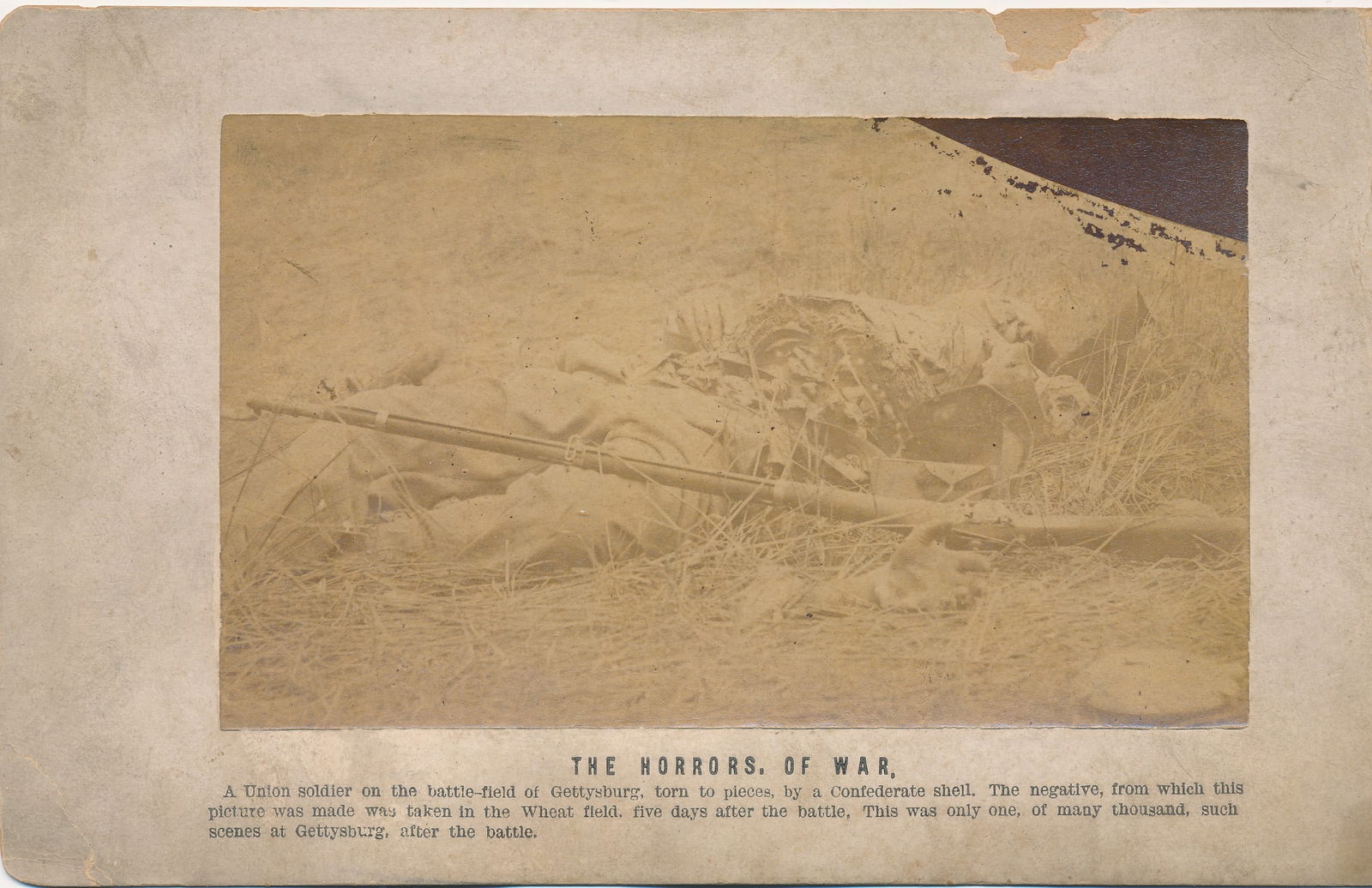 The Horrors of war Gettysburg soldier KIA by shell: Taken five days after the battle in the Wheat Field. Has some staining.