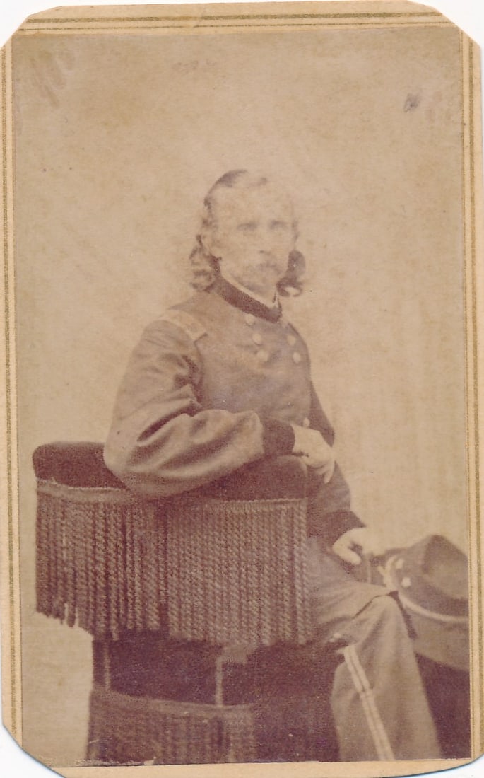General George Custer Brady CDV Seated on chair: E & BT Anthony from Brady's Photographic Negative. Corners chipped. Carte de visite.
