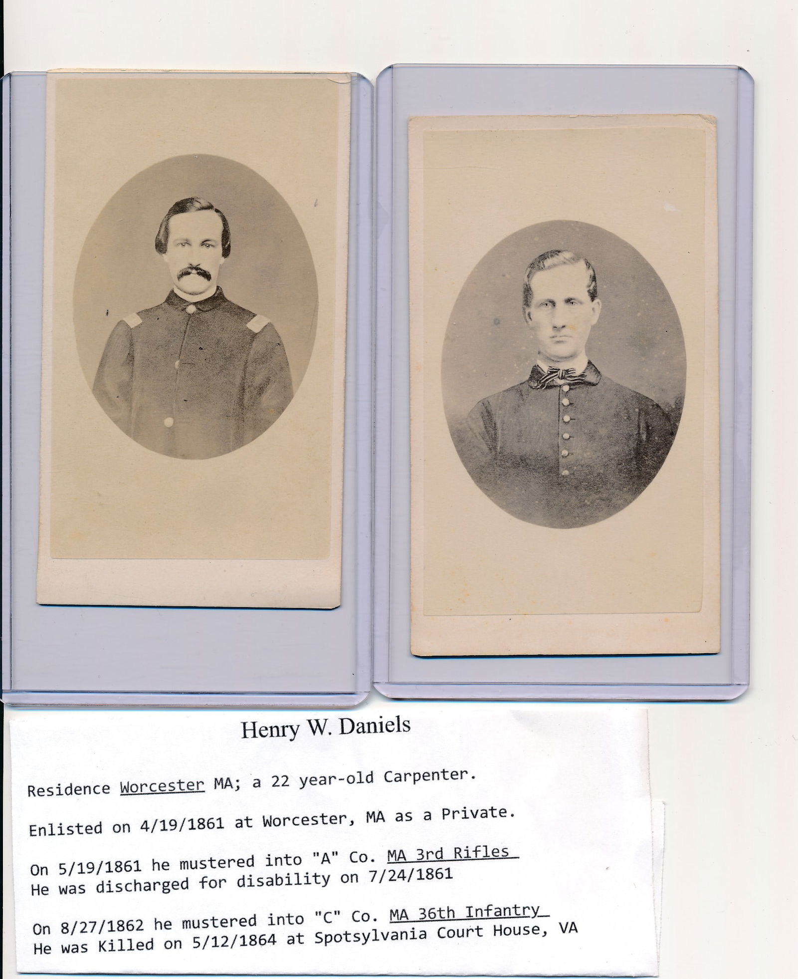 Worcester, MA Civil War Soldier CDVs, Photos: Lieutenant Colonel William Server Lincoln. Myron W. Daniels C Co. MA 36rg Infantry Killed 5/6/1864 Wilderness, VA. Henry W. Daniels Co. A MA 3rd Rifles. Co. C MA 36rg Infantry. Killed 5/12/1864 at