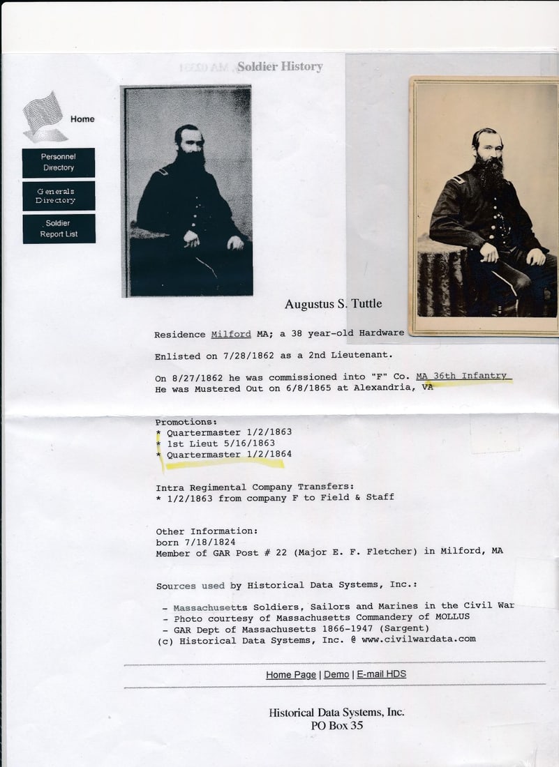 Milford, MA Civil War Soldier carte de visite: William Franklin Draper enlisted as Private. Became Brigadier General. Otis W. Holmes enlisted as Sergeant and rose to Captain. Died of his wounds on 6/23/1864 Washington D.C. Augustus S. Tuttle