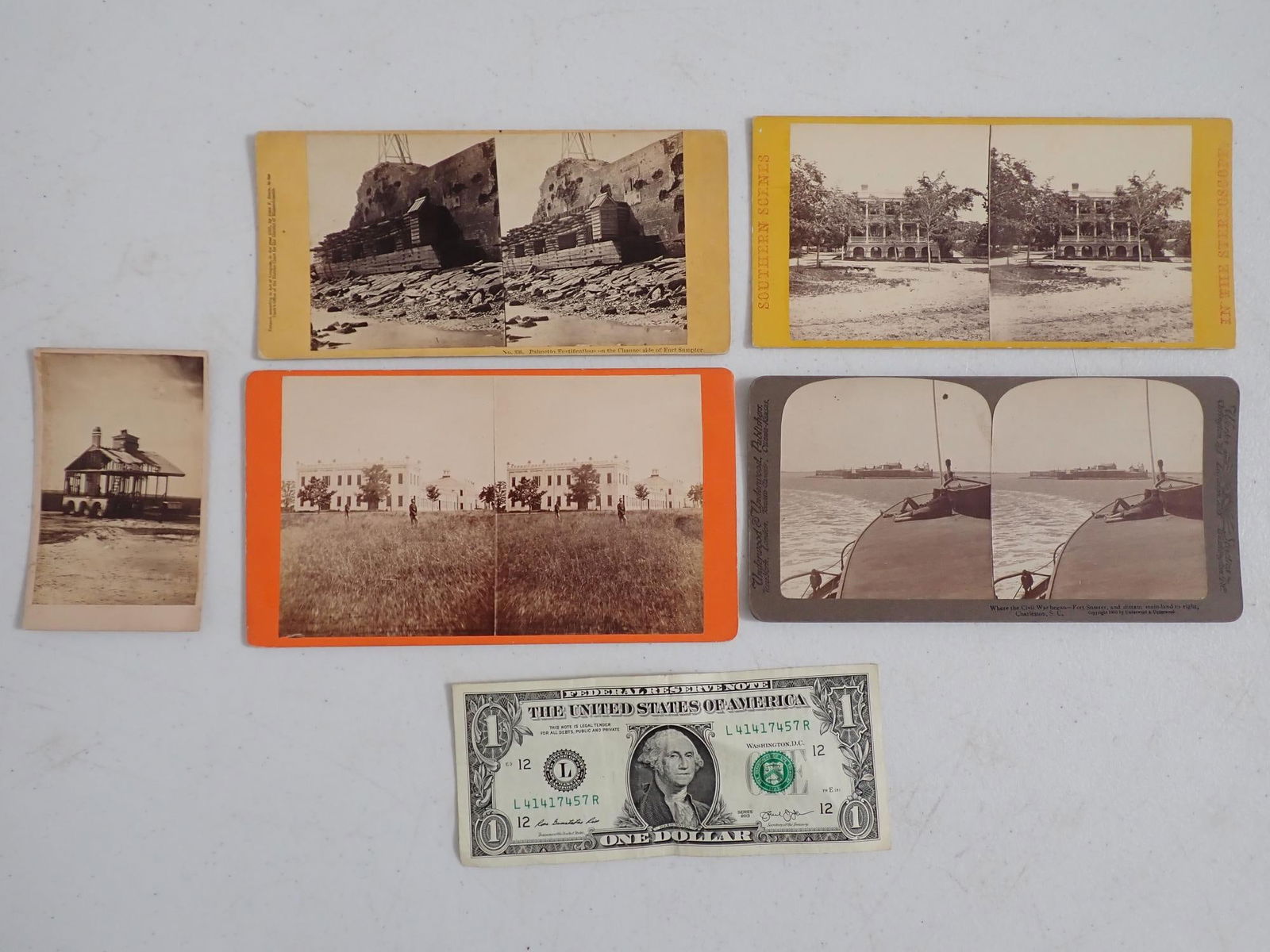 Morris Island Lighthouse destroyed in war, etc.: Morris Island Lighthouse destroyed by Union Forces, Harper's Ferry & other Photos. CDV sized Photo of Lighthouse. Stereo views labeled U.S. Arsenal Summersville. "Palmetto Fortifications on the